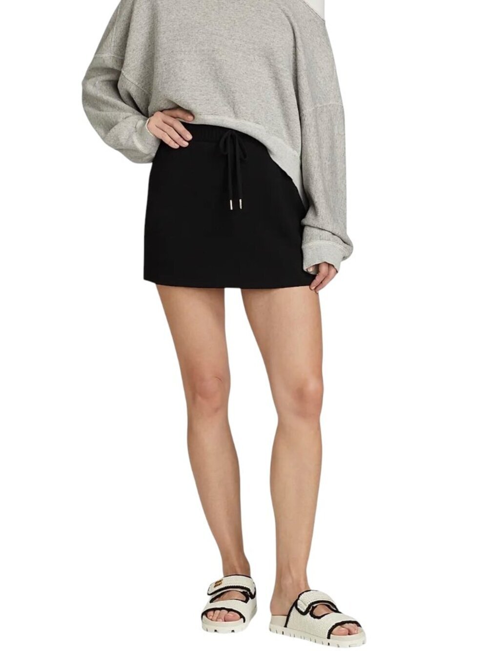Stellae Dux Cashmere Blend Stretch Knit Drawstring Mini Skirt XS Black